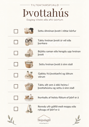 Tiltektarspjald fyrir þvottahús